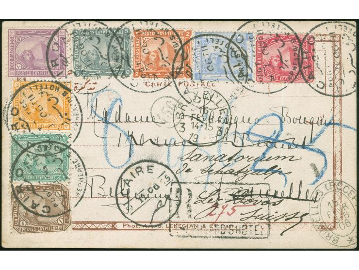 1906, Pyramides eight different values up to 10 pia. violet including 5 mill. carmine, performing a scarce mix tied by CAIRO 