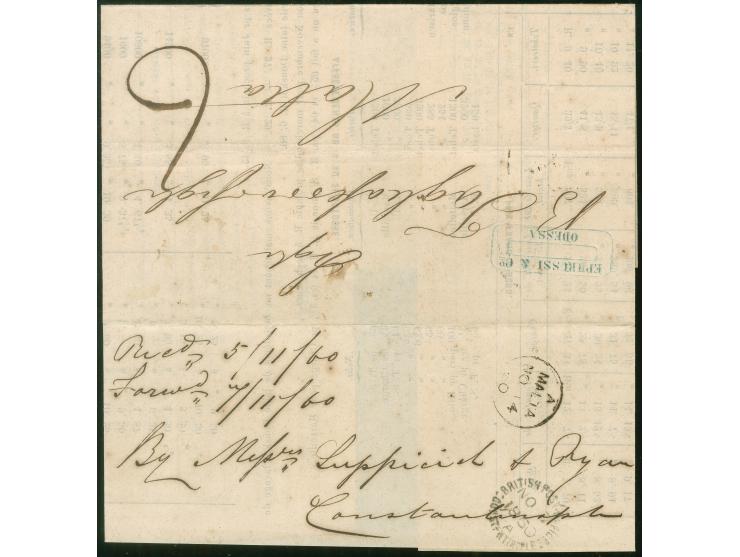 1860, Odessa Ephrussi &amp; Cie. grain market report, open circular mail from Odessa 2/Nov/1860 to Constantinople with arriva