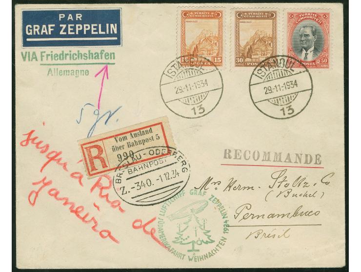 1934, 12. Südamerikafahrt, Weihnachtsfahrt, Einschreiben ab Istanbul 29.11.34 via Bahnpost Breslau - Oderberg 1.12. mit R-Zet