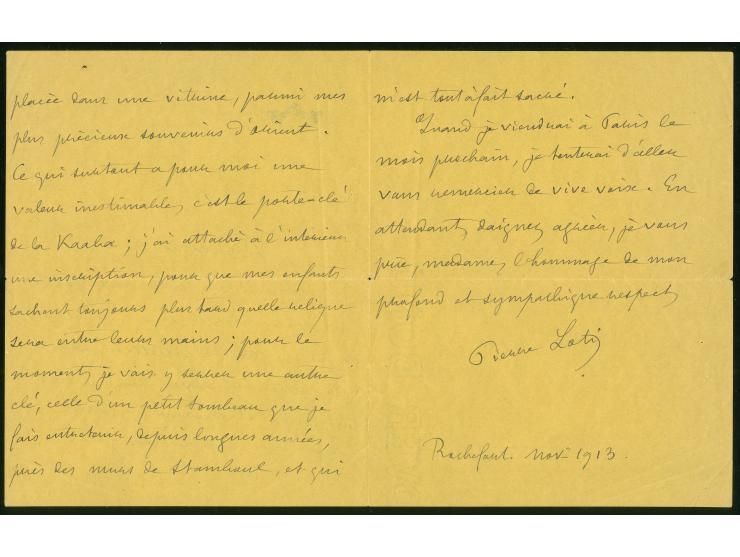 1913, letter written from Rochefort, signed at base by Pierre LOTI (1850-1923), French Naval Officer and writer of 'Madame Ch