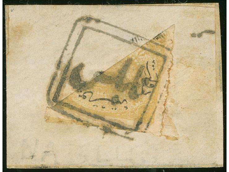 THE NAPLUS PROVISIONAL BISECT : 1871 “NABLUS” box type cancellation (Bale 708) on bisect 1 Piaster yellow on piece, unique sh