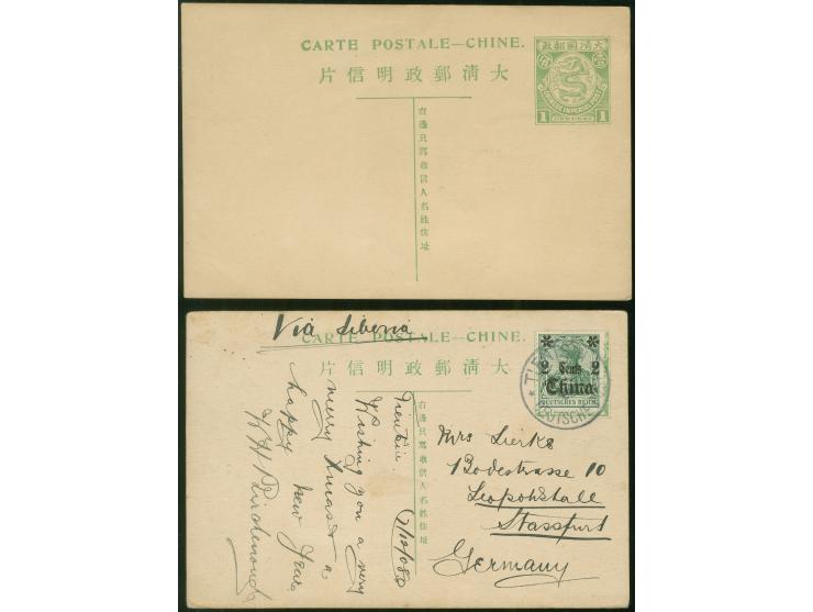1908, two 1 c. green postal stationery cards, both handpainted, one 'man and woman making tea' the other ‘four chinese woman 