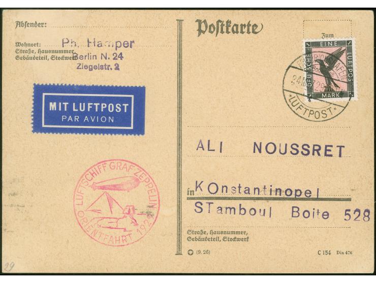 1929, LZ 127 “Graf Zeppelin” Orientfahrt, Karte ab Fhafen 24.3. mit 1 Mk Flugpost, fehlender Ankunftsstempel Ramle, weitergel