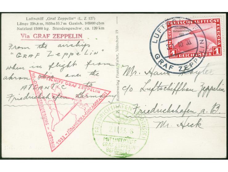 1933, Chicagofahrt Etappe Akron - F'hafen, Bordpost 31.10., Passagier-Post, Karte mit 1 RM in EF mit Grußtext “From the airsh