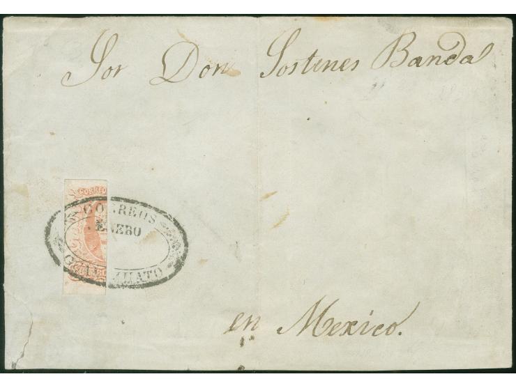1856, Hidalgo 4 r. red, vertically bisected, tied by oval “CORRES GUANAJUATO” to letter front only to Mexiko, still fine. (Sc