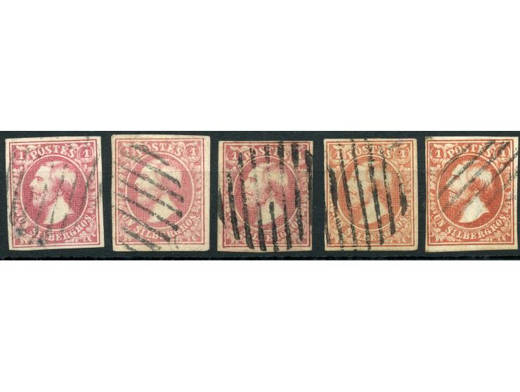 1852, 1 Sgr. red-brown to carmine-rose, five shades, clear to good margins, each cancelled by barred cancel, fine and attract