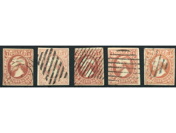 1852, 1 Sgr. red-brown to carmine-rose, five shades, closed to good margins, each cancelled by different barred and circle ca