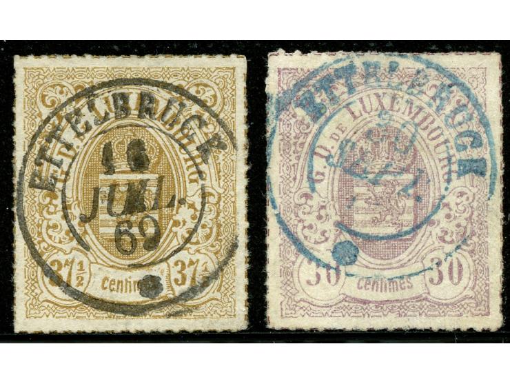 1865/72, Coat of Arms 30 c. dull lilac and 37½  c. yellowish-brown, rouletted in colour, clear blue and black strikes of Ette