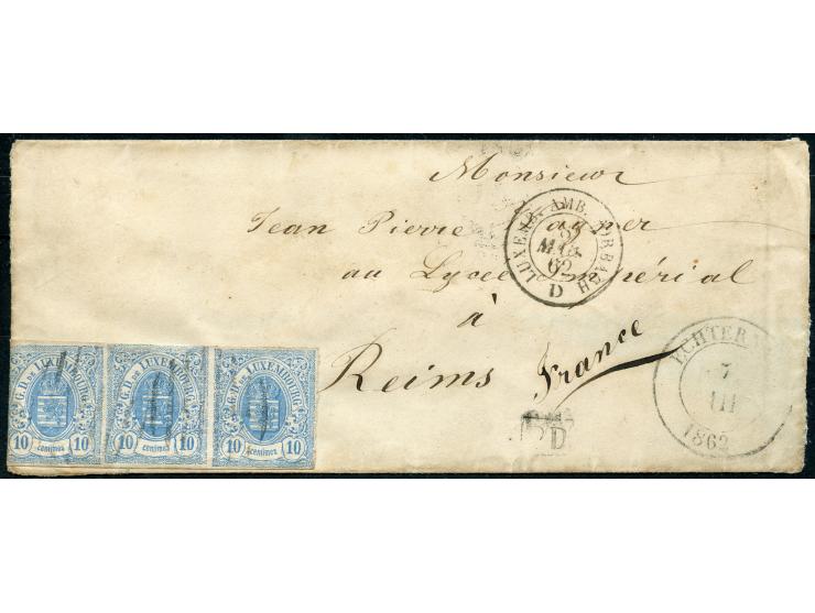 1862, Coat of Arms strip of four 10 c. blue tied to envelope by barred mark, PD and ECHTERNACH 7/III/1862 cds. alongside, sec