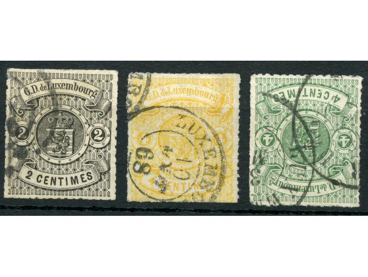 1865, Coat of Arms set of three stamps including 4 c. yellow, mainly good rouletted and fresh colours, clear cancellations, f