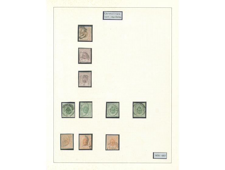 1859, Two album pages with Coat of Arms imperf issue 23 stamps, mainly good margins and fresh colours, including 1 c. cut int