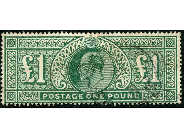 1902/10, Edward £1 blue green, wm. three crowns, good perforation, light cancel, fine.

