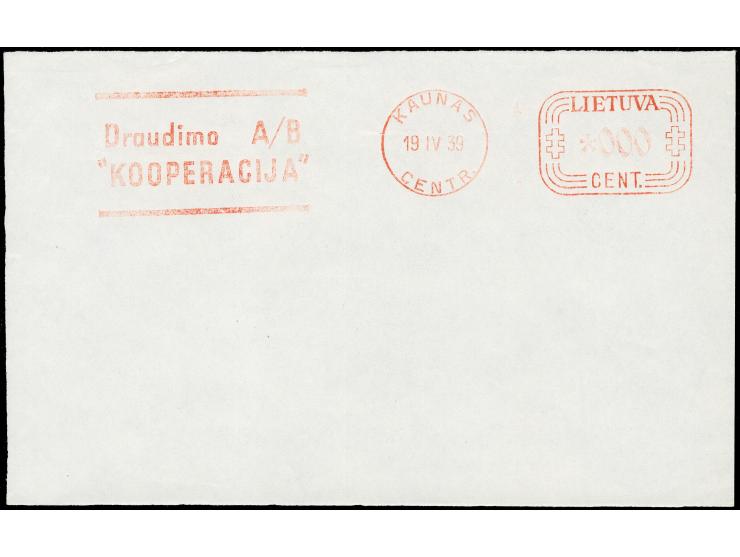 1937/39, Neopost meter mark proof strikes, 7 different of Kaunas, Klaipeda and Siauliai on cover size paper sheets, two with 
