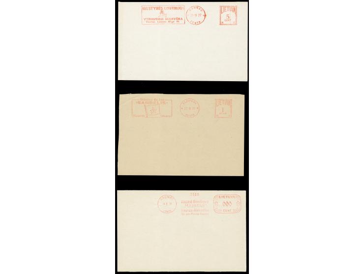 1937/39, Neopost meter mark proof strikes, 7 different of Kaunas, Klaipeda and Siauliai on cover size paper sheets, two with 