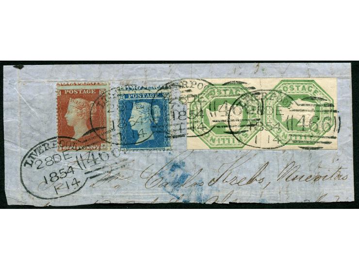 1847/54, Embossed 1 s. deep green, a used vertical pair with good margins all round and showing portions of adjoining stamp a