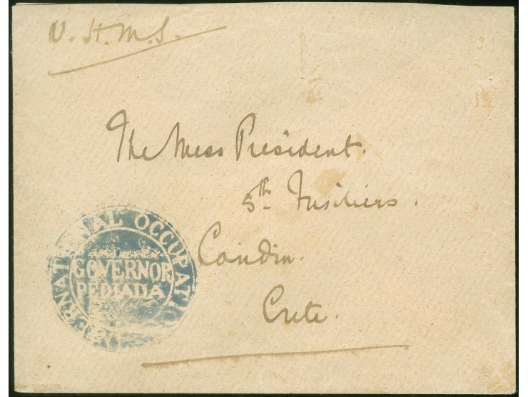 Pediada: Free of charge soldier's cover (handwritten O.H.M.S.) marked with gray-blue "International Occupation, Governor PEDI