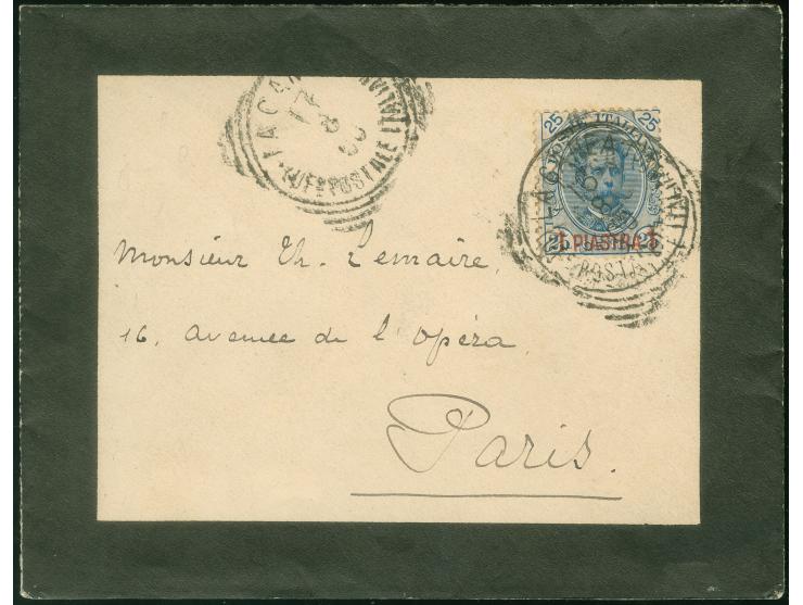 1900, 1 piastra on 25 c. blue tied to mourning cover with "LA CANEA Uf. Postale Italiano 16.8.00" cds. and "17.8.00" alongsid