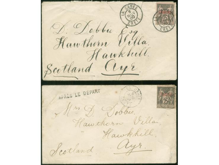 1900/01, Canea two covers franked with 1pia/25c Sage, sent to Scotland, tied with "LA CANEE 9.Nov.00" and "9.Mars.01", the se