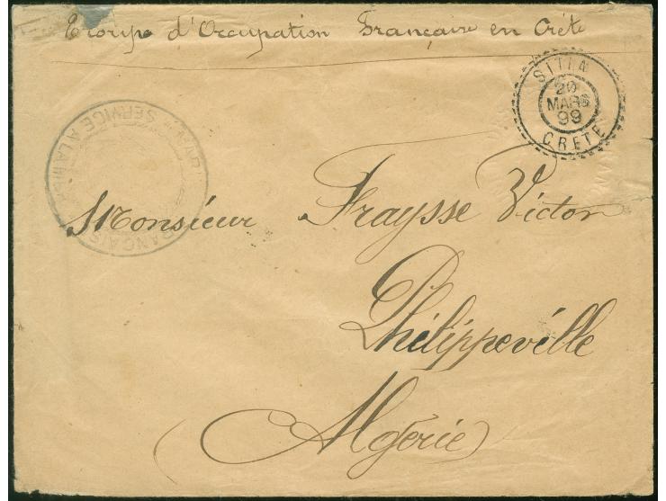 1899, Sitia Free of charge military envelope (embossed "Union des Femmes de France"), handstamped with clean "SITIA 20.Mars.9