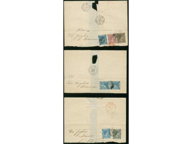 1879, 5 c. to 25 c. four different values tied to 3 large pieces by mute cancellations, transit marks London and Marseille, m