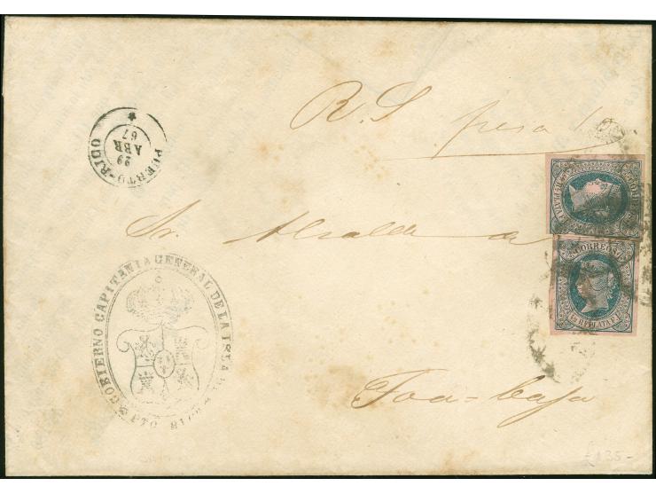 1867, Official cover from San Juan to Toa Baja, bearing two single Cuba 1864 ½ r. green on pink tied by elliptical handstamps