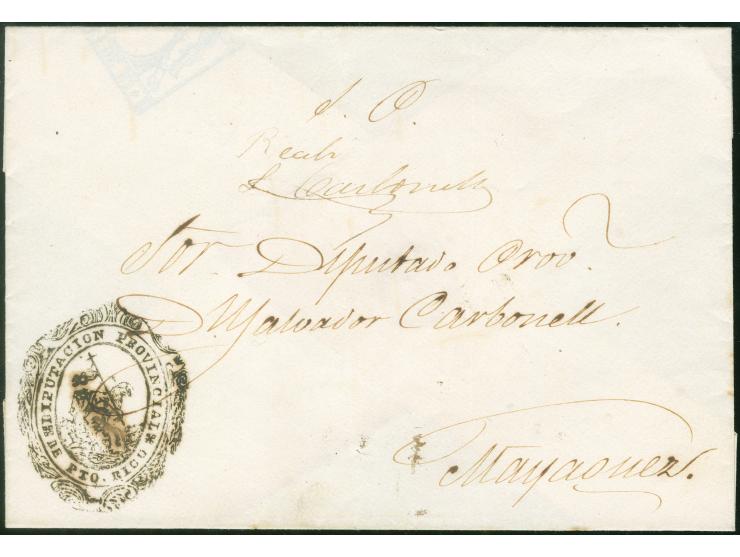 1865 ca., Official cover with decorative "DIPUTACION PROVINCIAL PTO RICO" seal mark with horse logo to Mayaguez. The cover is