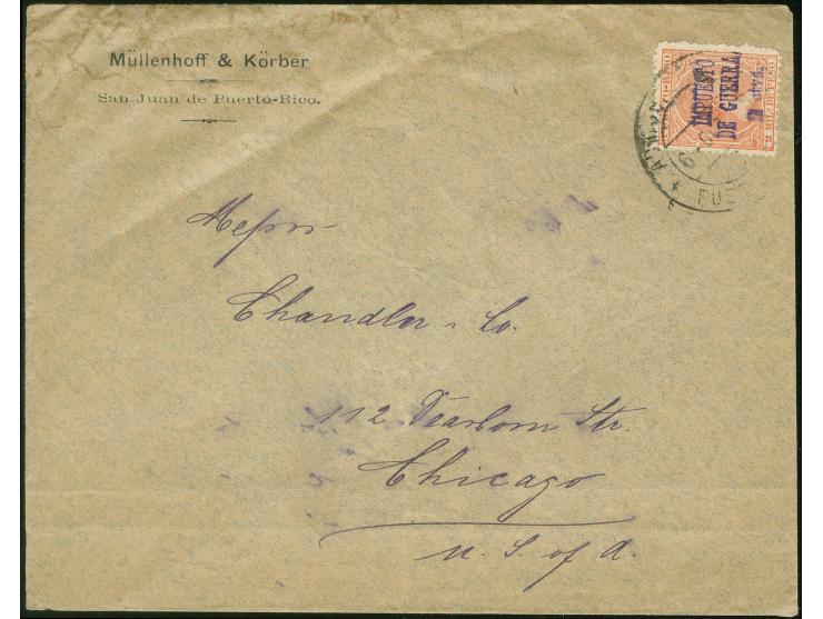 1898, war tax stamp 2 c.  on 2 m. orange, surcharged 'Impuesto de Guerra' tied by "Admon. Central / Puerto Rico / 6 Oct. 98" 