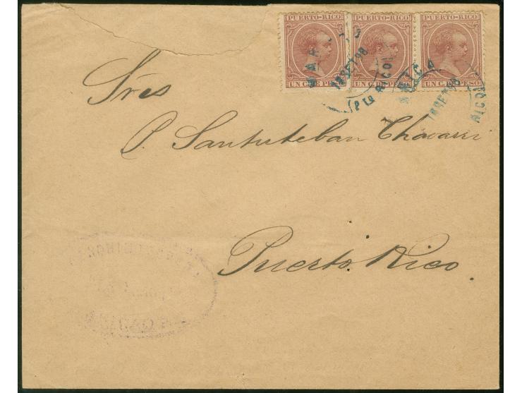 1898, 1 c. yellow-brown pair and single tied to envelope by MAYAGUEZ PORTO RICO / MIL. STA. No 3 Nov 10 1898 duplex ties US 2