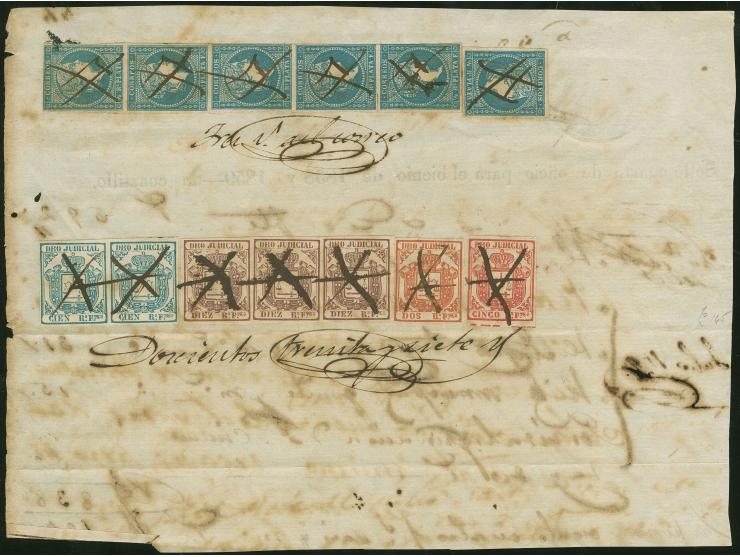 1857/58, ½ r. blue vertical strip of five and single, plus Pro Juducual revenue stamps tied by ink stroke on administrative d