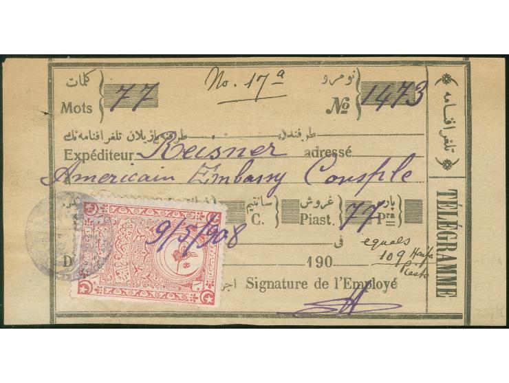 1908, "HAYFA TELGRAFHANESI" (Coles-Walker no. 62, Isfila no.6, RRR, 25 pts.) violet all arabic negative postmark on telegram 
