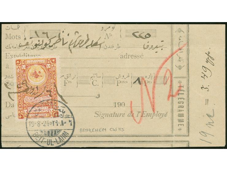 1914, "BEIT-UL-LAHM 19.8.24" (Coles-Walker no. 115) cds. with wrong date 24 instead of 14, on telegram receipt bearing 10 pa.