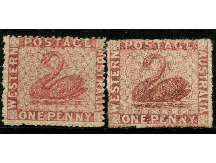 1861, 1 d. rose-carmine, wmk. Swan sideways, roughly rouletted 14-16, two unused examples in pale rose-carmine and another in