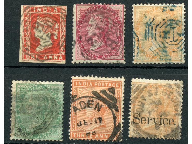 1854/90, 8 a. carmine, clear cancelled “B 172” (SINGAPORE) and five stamps with interesting cancelations Aden, Fort St. Georg