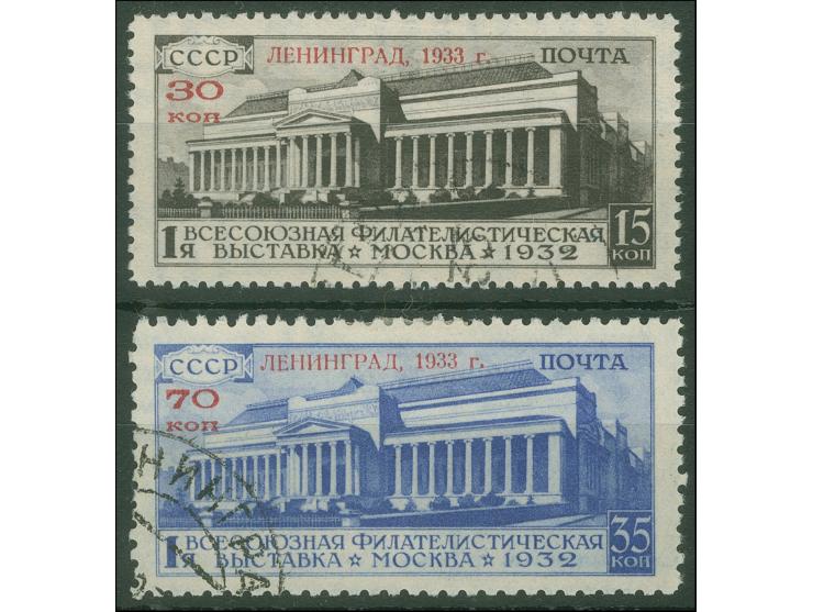 1933, Stamp Exhibition, red overprint on 15 k. brown and on 35 k. blue, both clear cancelled, fine.
