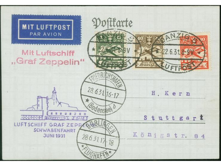 1931, Schwabenfahrt, Karte ab Danzig 22.6. mit 1 G in bunter Flugpost-MiF, Transit Friedrichshafen 28.6., Flugstempel und Ank