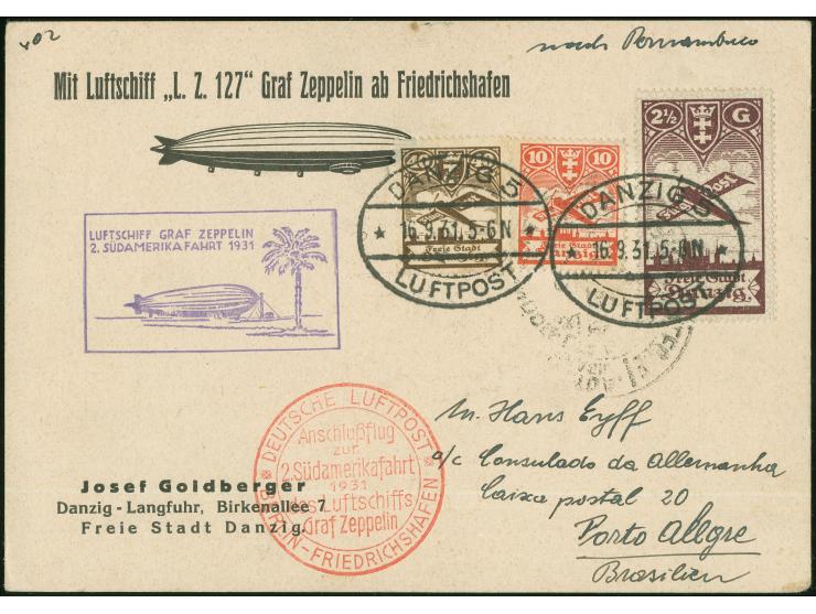 1931, 2. Südamerikafahrt, Karte ab Danzig 16.9. mit u.a. 2½ G in bunter Flugpost-MiF nach Porto Alegre, via Berlin mit Anschl