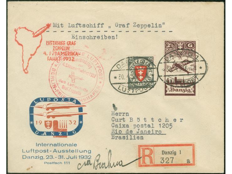 1932, 4. Südamerikafahrt, LUPOSTA-Sonderumschlag als Einschreiben ab Danzig 30.4. mit u.a. 2½ G Flugpost mit Abart OHNE UNTER
