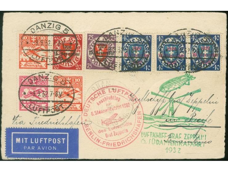 1932, 6. Südamerikafahrt, Karte ab Danzig 9.9. mit Flugpost und "10 Jahre Danzig" in attraktiver bunter MiF nach Recife, via 