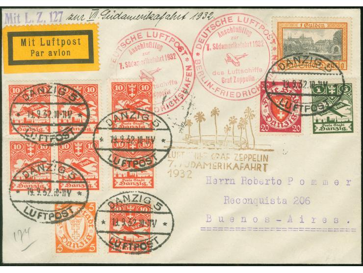 1932, 7. Südamerikafahrt, R-Brief ab Danzig 5 vom 19.9. mit 1 G Landschaften in prachtvoller bunter MiF nach Argentinien, Tra