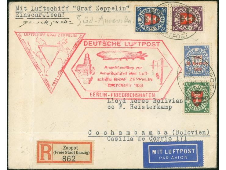 1933, Chicagofahrt, Etappe bis Rio, etwas umgefalteter R-Brief ab Zoppot 12.10. mit "10 Jahre Danzig" in bunter MiF nach Coch