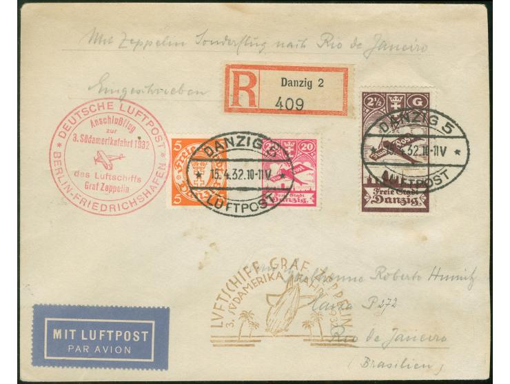 1932, 3. Südamerikafahrt, R-Brief ab Danzig 15.4. nach Rio mit 2½ G Flugpost in bunter MiF, Transit Berlin 17.4. und weiter m