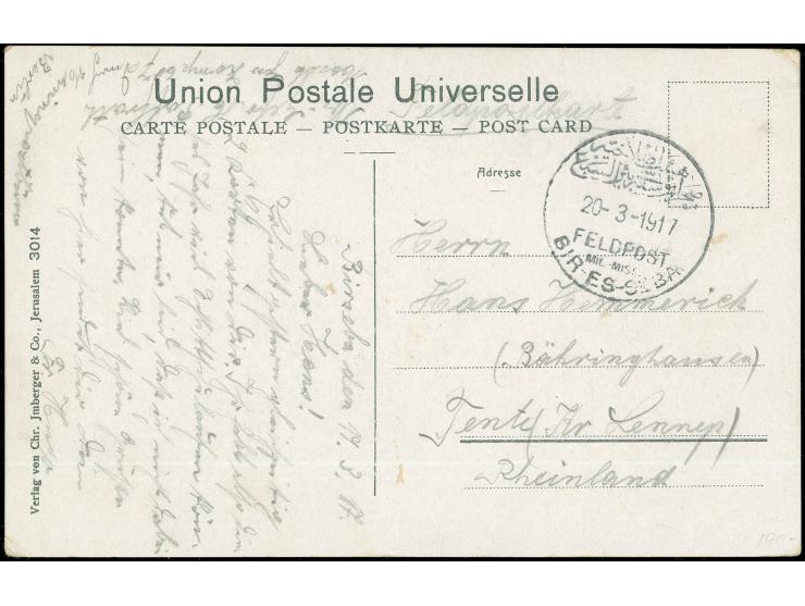 1917, Ansichtskarte von Jerusalem geschrieben in “Birseba” Komp. 607, gesandt nach Lennep mit zweisprachigem “Feldpost MIL. M