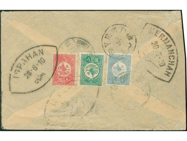 1910, 1 pi. blue, 20 pa rose-carmine and 10 pa. green tied by “NEDJEF ECHREF” cds. (Coles 35, 15 Punkte) to envelope, transit