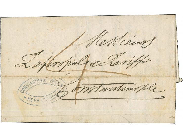 1871, GIRESUN : Folded envelope from Kerassunde to Constantinopoli shipped unstamped with ms. “4” and on reverse british post