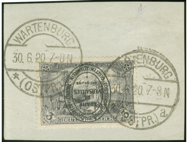 1920, Aufdruckausgabe im Hochoval 3 M. schwarzviolettgrau mit kopfstehendem Aufdruck, sauber gestempelt auf Briefstück, ein f