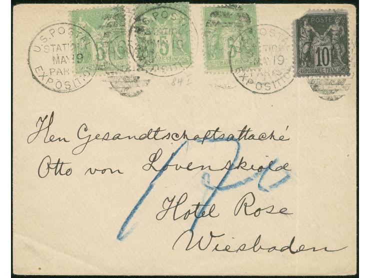 1900, U.S. Postal Station, Paris Exposition, May 19, 1900. Three strikes of duplex postmark (Bomar type P00-01) tying three 5