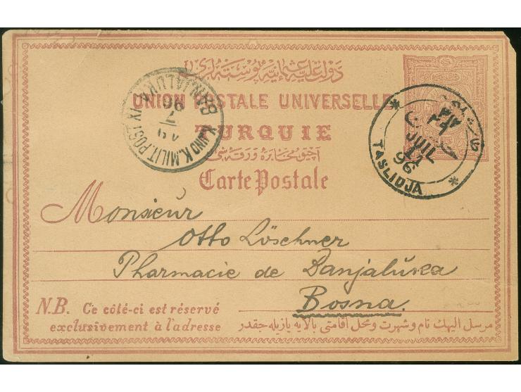 1896, "TASLIDJA JUIL 11 96", clear bilingual cds. on postcard 1892, 20 pa., written in Plevlje to Pharmacie de Banjaluka in S