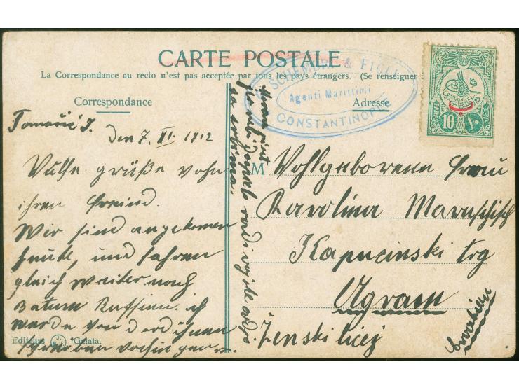 1912, Postcard written on ship from Constantinople to Batum with 10 Para Turkey and alongside blue oval "SCHEMBRI &amp; FIGLI