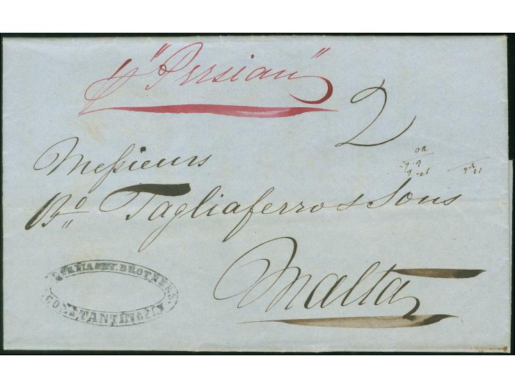 1853, Folded envelope from Constantinople to Malta handled by maritime agent "Corlanet Brothers Constantinople" showing oval 