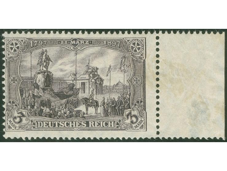 1905/12, Germania 3 M. schwarzviolett, rotorange quarzend, farbfrisch und gut gezähnt, rechtes Seitenrandstück, postfrisch, F